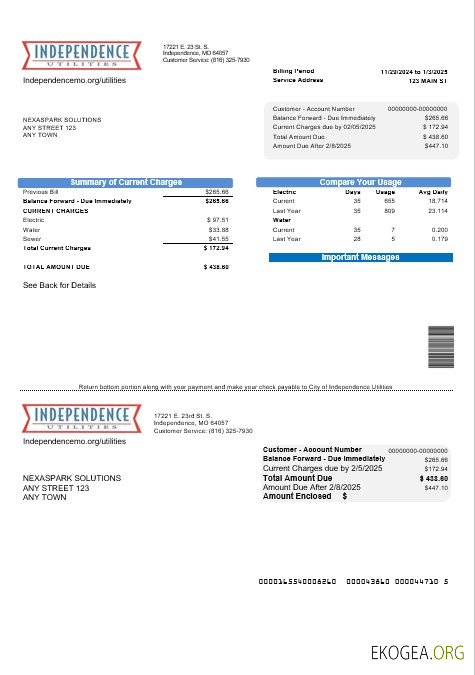 Modèle de facture de services publics d'entreprise USA Missouri Independence Utilities aux formats Word et PDF